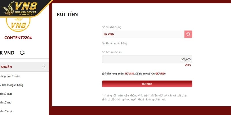 Rút tiền VN8 nhanh chóng từ ngân hàng